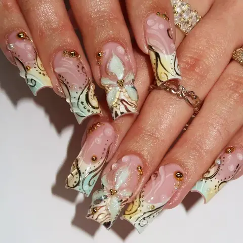 24pcs Press-On Nails, Full Cover Nails, Vintage Baroque Design, French Style, 3D Flower Stripes, Pearl False Nails, Decorative Nails, Nail Art Decoration, Removable, Easy Attachment and Removal, Medium Square Shape