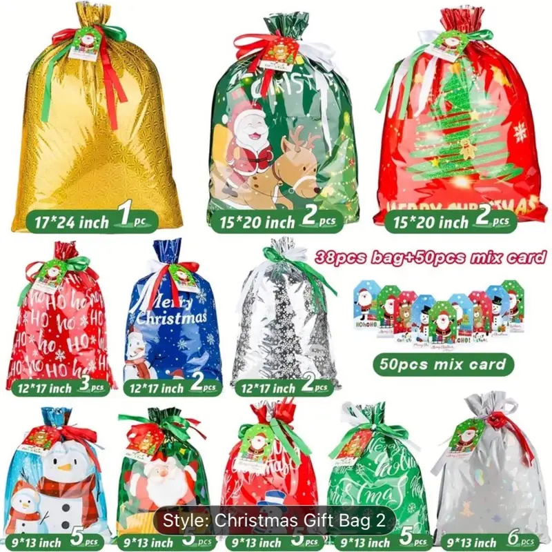 88pcs Christmas Holiday Bags Present Assorted Sizes Small Medium Large Jumbo with Tags Ribbons and Ties for Gifts Parties and Festive Presents