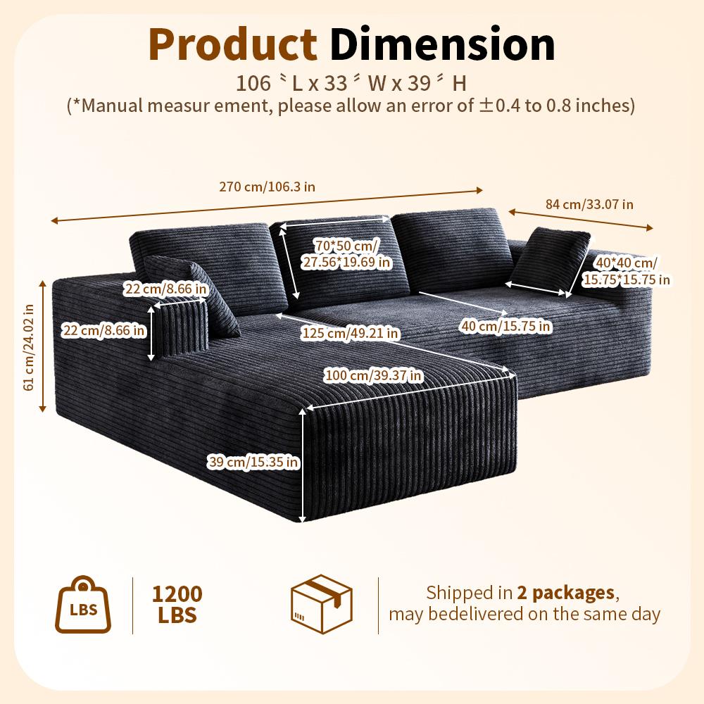 DIGWAC Modern Modular L-Shaped Recliner Sectional Upholstered Sofa - Sturdy Upgraded Independent Pocket Spring Base, Soft Corduroy Fabric, Layered Memory Sponge Padding, Deep Seat Living Room Couch, No Assembly Needed, Ships in 2 Packages