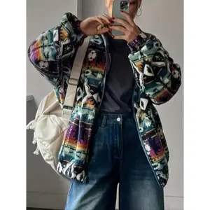 Women's Ethnic Style Printed Plush Zipper Fitted Jacket, Casual Long Sleeve Coat with Pockets, Fall & Winter Fashion Outerwear