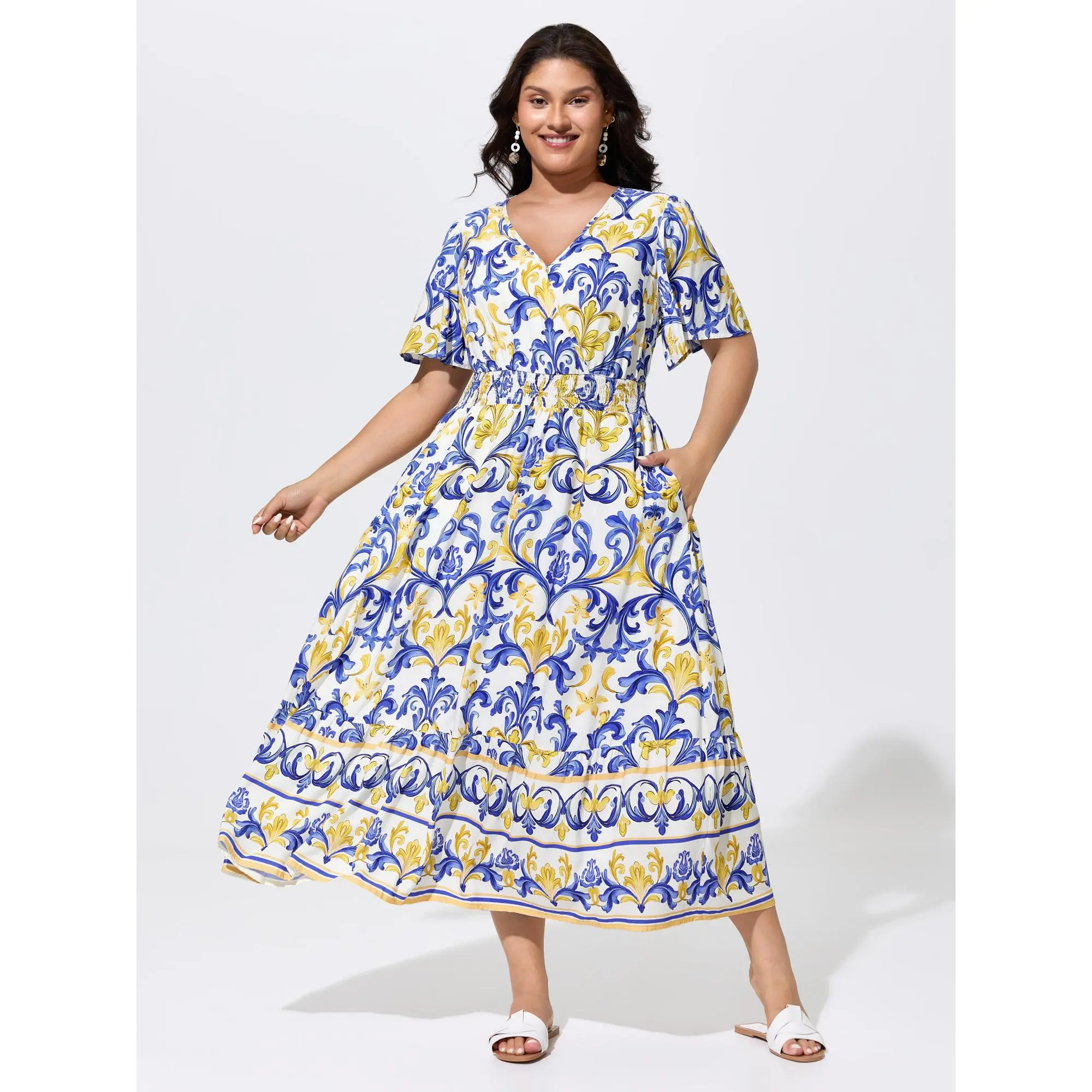 BloomChic Women's Plus Size Casual Boho Maxi Dress - Smooth Polyester, Majolica Ethnic Floral Print, Ruffled Sleeves, Smocked Waist, Side Pocket, Rayon Shell, Everyday Comfy Breathable Hippie Style Full Length Wear, Casual Wear