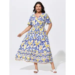 BloomChic Women's Plus Size Casual Bohemian Majolica Print Rayon Maxi Dress with Ruffled Sleeves, Smocked Waist, and Pocket