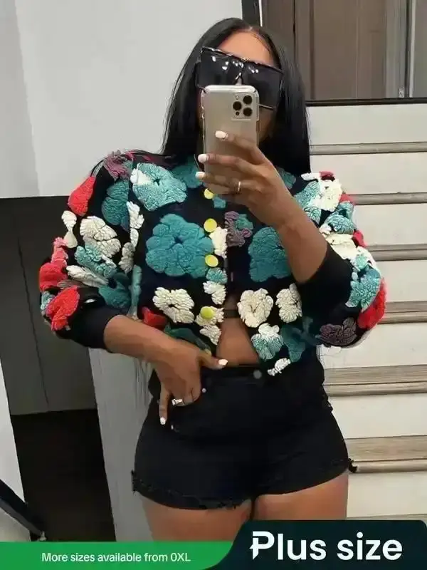 Plus Size Floral Jacquard Button Front Jacket Long Sleeve Round Neck All Seasons Wear 80s Fashion Retro Style Versatile Outerwear Piece Trendy Layering Chic Ladies Smooth Women Elegant Cute Comfort Everyday