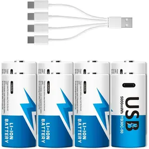 8-Pack Rechargeable Lithium C Batteries with 4 in 1 USB-C Charge Cable, C Cell Li-ion Battries, LR14 1.5V C Size Cell Battery Replacement 5000mWh for Floodlights, Remote Controls, Radios, Toys