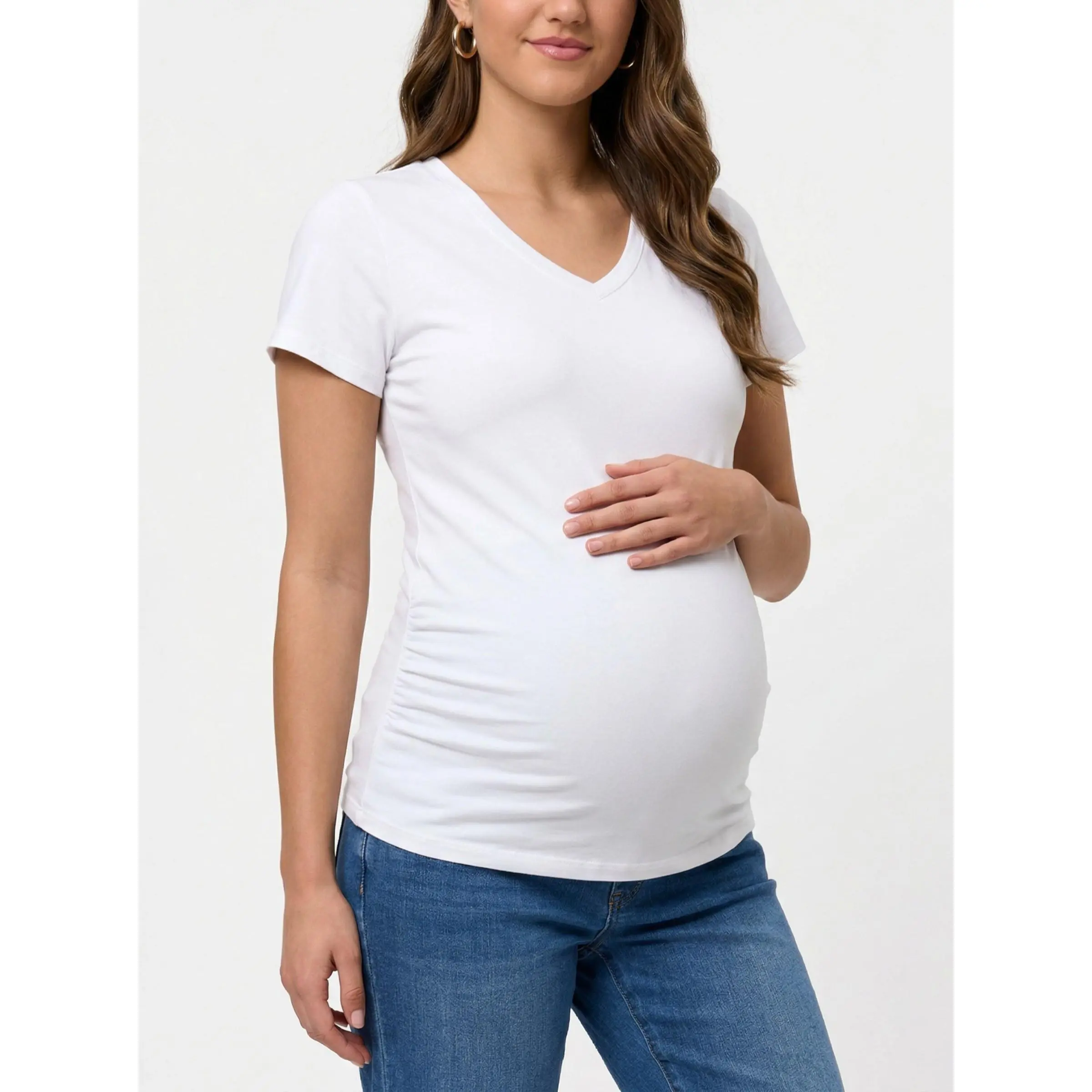 Motherhood Maternity Women's V-Neck Side-Ruched Short Sleeve Tee Soft Stretchy Fabric Comfortable Stylish Pregnancy Wear