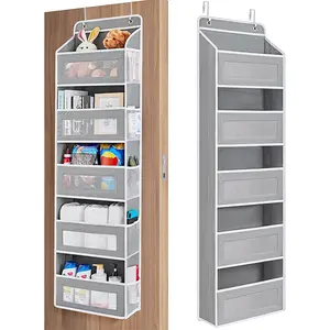 1 Pack Over Door Organizer with 5 Large Pockets 5 Mesh Side Pockets, 44 lbs Weight Capacity Hanging Storage Organizer with Clear Window Kids Toys, Shoes, Diapers, Dark Grey, 5 Layers