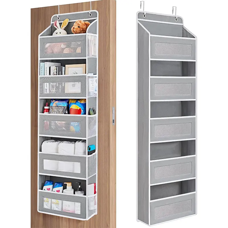 1 Pack Over Door Organizer with 5 Large Pockets 5 Mesh Side Pockets, 44 lbs Weight Capacity Hanging Storage Organizer with Clear Window Kids Toys, Shoes, Diapers, Dark Grey, 5 Layers