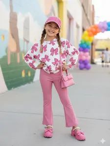 Trendy Girls Pink Bow Sweatshirt & Ribbed Flare Pants 2PC Set | Adorable Cozy Spring Fall Outfit for Toddler Little Girls Ages 4-7 | Cute Matching Two Piece Clothes for School & Play