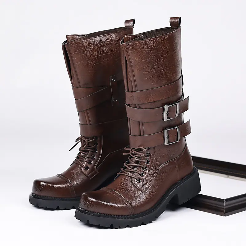 Men's Fashion Boots, Men's Footwear , Vintage Leather Combat Boots for Men Casual Outdoor Ankle Motorcycle Shoes with Buckle Strap Lace Up Design Waterproof Durable Winter Fashion Footwear