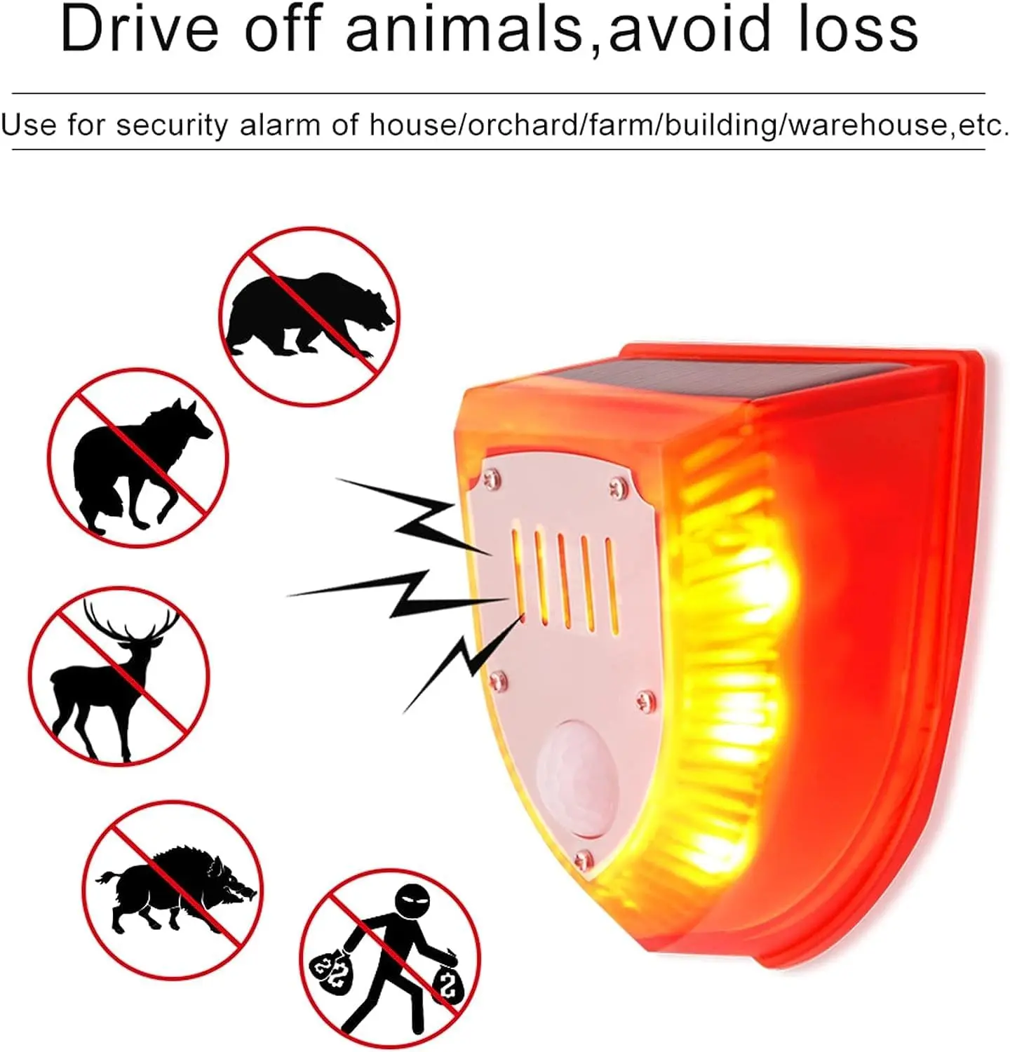 Solar Outdoor Motion Sensor Alarm: 129dB Dog Barking & Gunshot Sound, Loud Motion Detector Noise Detector, Strobe Light Gunshot Sound Alarm Detector Noise Maker Warning Sensor for Home Villa Yard Farm Barn Yard (Red)