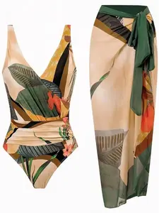Women's Ruched Backless Tropical Leaf Print Wrap Swimsuit & Tie Front Skirt Set, Boho Sleeveless Set for Beach Holidays, 2026 Ladies Summer Swimwear, Swimsuits Skirts, Swimsuit Surplice bikini