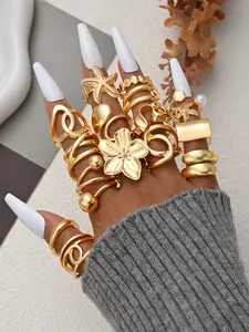 15pcs Fashion Chunky Vintage Wide Face Starfish Floral Rings Set, Women's Daily Wear Jewelry, Perfect for Dates and Parties