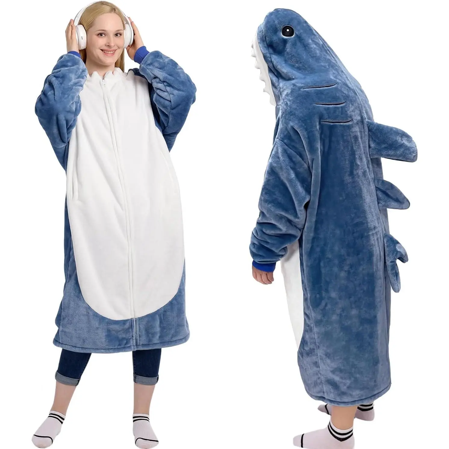 Shark Blanket Hoodie Funny Birthday Gifts for Women Men Boys Girls, Zipper Wearable Shark Hooded Blanket Cute Shark Costume Cozy Flannel Shark Sleeping Bag for Shark Lovers (Adult, Blue)