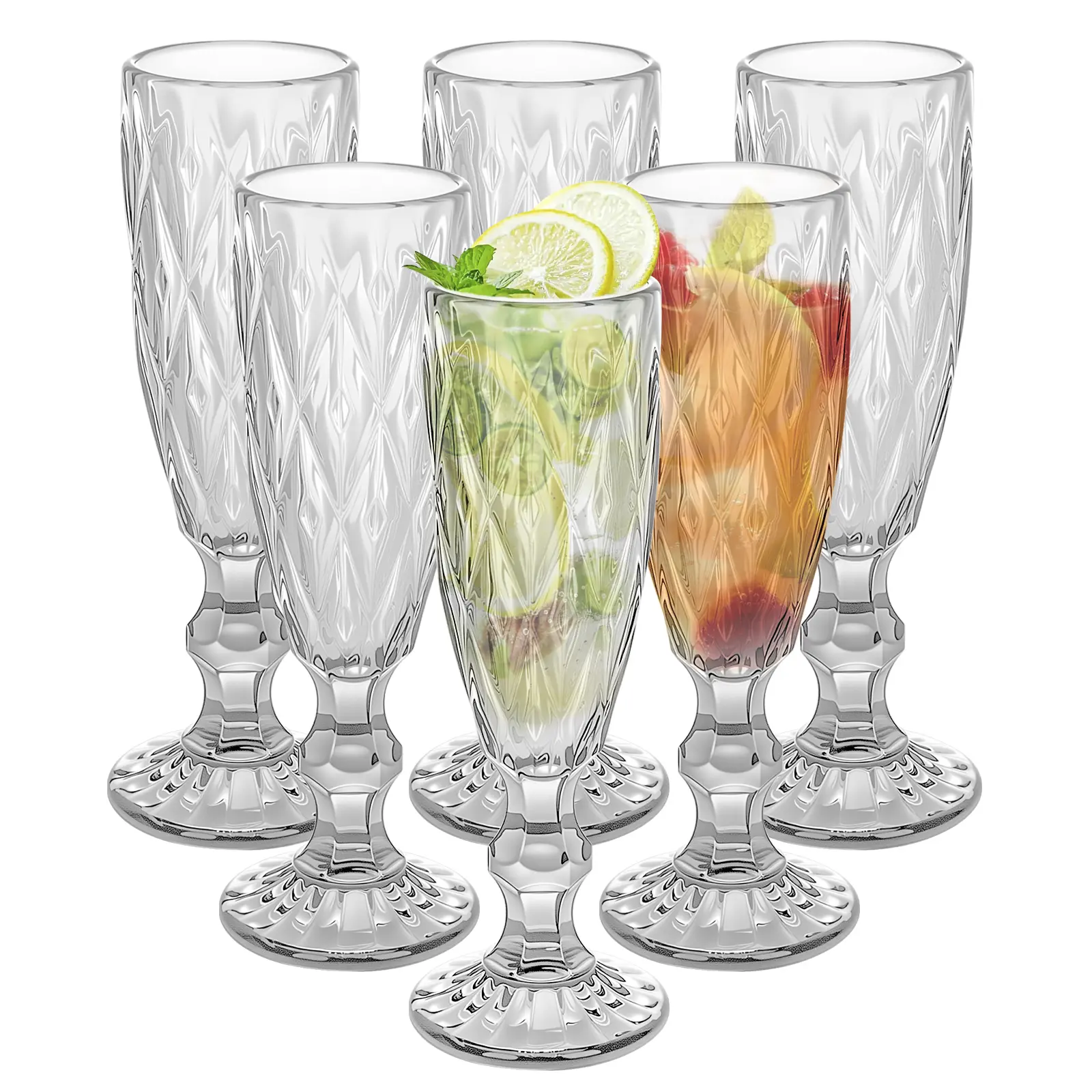 6-Pack Retro European Classic Embossed High-Clear Glass Beverage Goblets, 5.07oz (150ml) Vintage Kitchen Drinkware for Party, Wedding