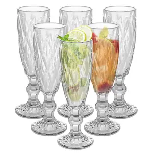 6-Pack Retro European Classic Embossed High-Clear Beverage Glass Goblets, 5.07oz (150ml) Vintage Kitchen Drinkware for Party, Wedding