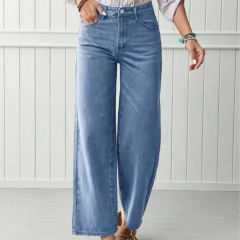Women's Casual Everyday High-Waisted Cotton Jeans, Loose Fit Wide Leg Pants, Comfortable Style, Zipper Fly, Pockets, All Seasons, High Rise Jeans