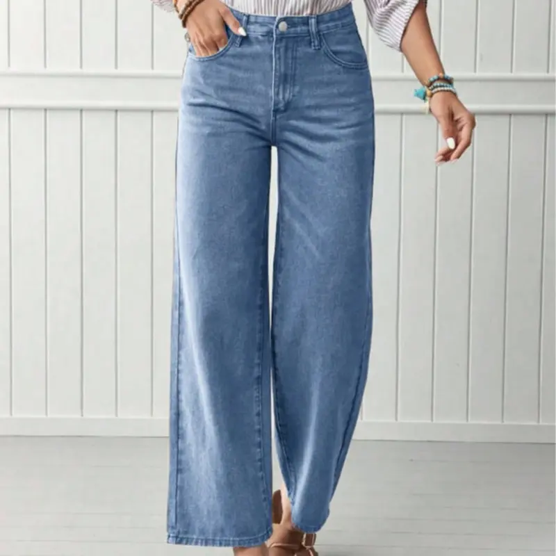 Women's Casual Everyday High-Waisted Cotton Jeans, Loose Fit Wide Leg Pants, Comfortable Style, Zipper Fly, Pockets, All Seasons, High Rise Jeans