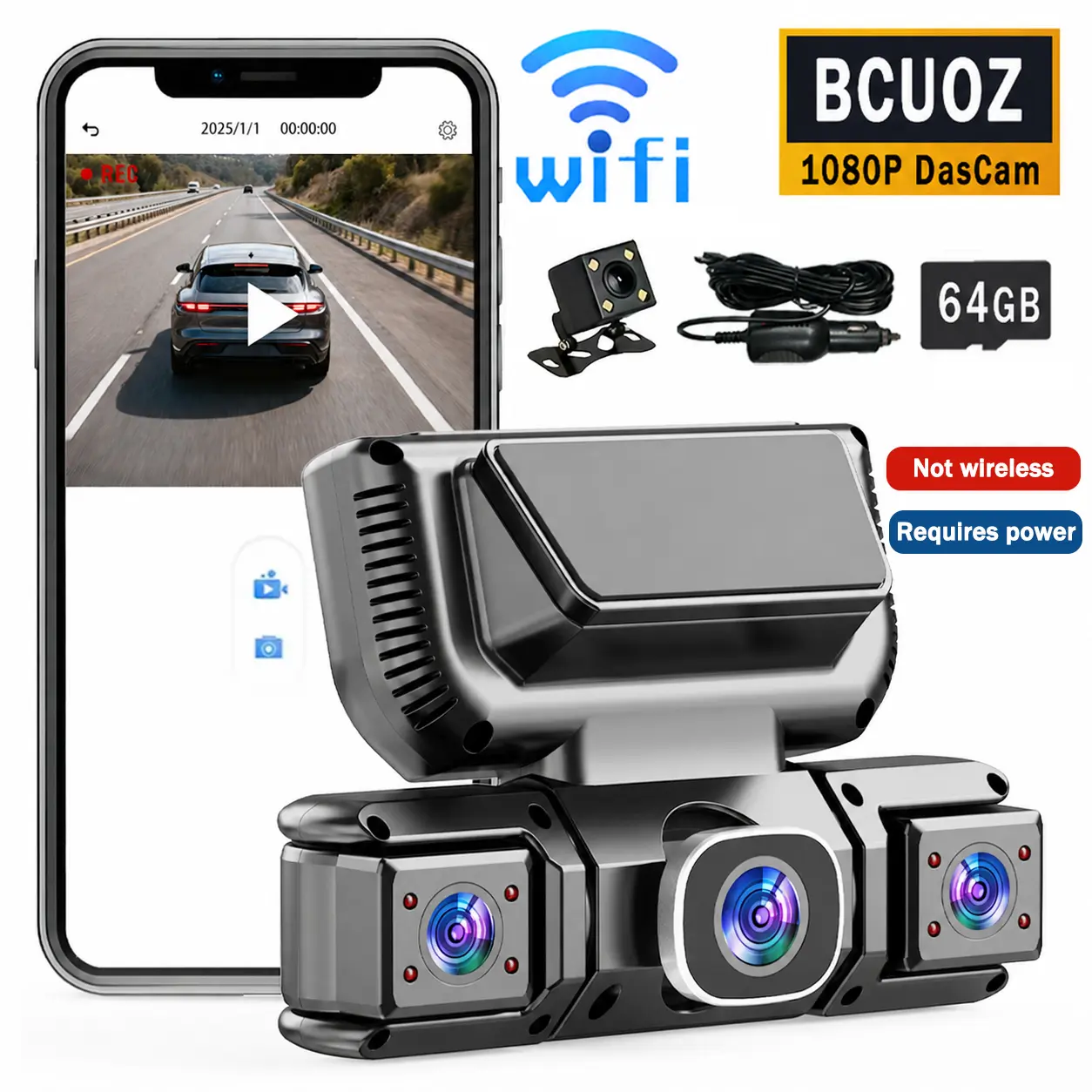 【NOT WIRELESS】BCUOZ 360 Degree View 4 Channel Dash Cam Front and Rear Inside Left Right, Keep plugged in，Dash Camera for Cars, Built-in GPS WiFi Night Vision, 24/7 Recording Parking Mode Monitor, Free 64G Card Automotive Dashcam Interior Dashcam