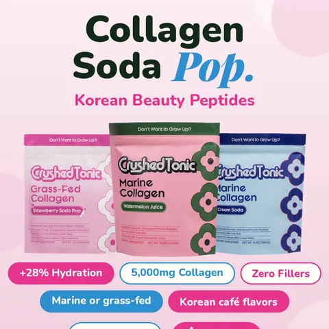 Crushed Tonic Korean Collagen Soda - Watermelon Juice, Strawberry Soda Pop, Yogurt, Cream Protein Soda - Hydrolyzed Marine & Bovine Collagen - Gluten Free Non-GMO - K-Beauty Ingestible Skincare