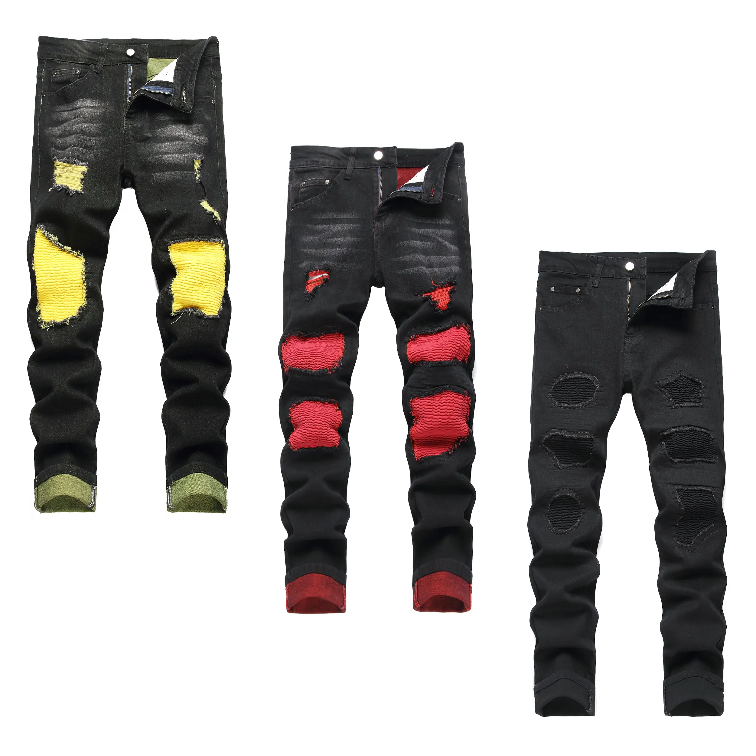 JUNBAOSS Men's 1-3 Pack Slim Fit Stretch Jeans Patch Ripped Jeans for Men, Distressed Straight Leg Casual Fashion Comfort Flex Skinny Waist Denim Pants, Menswear Classic Soft Streetwear Cotton Fabric Trouser Natural Hipster Personalized Stylish Jeans Spri