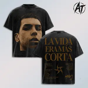 Milo J “La Vida Era Más Corta” Washed Oversized Tee, Vintage Dark Aesthetic Album Merch Shirt, Double Sided Heavyweight Cotton Graphic T Shirt, Faded Black Y2K Latin Urban Streetwear Unisex Top, Retro Music Merch Casual Outfit Gift for Milo J Fans