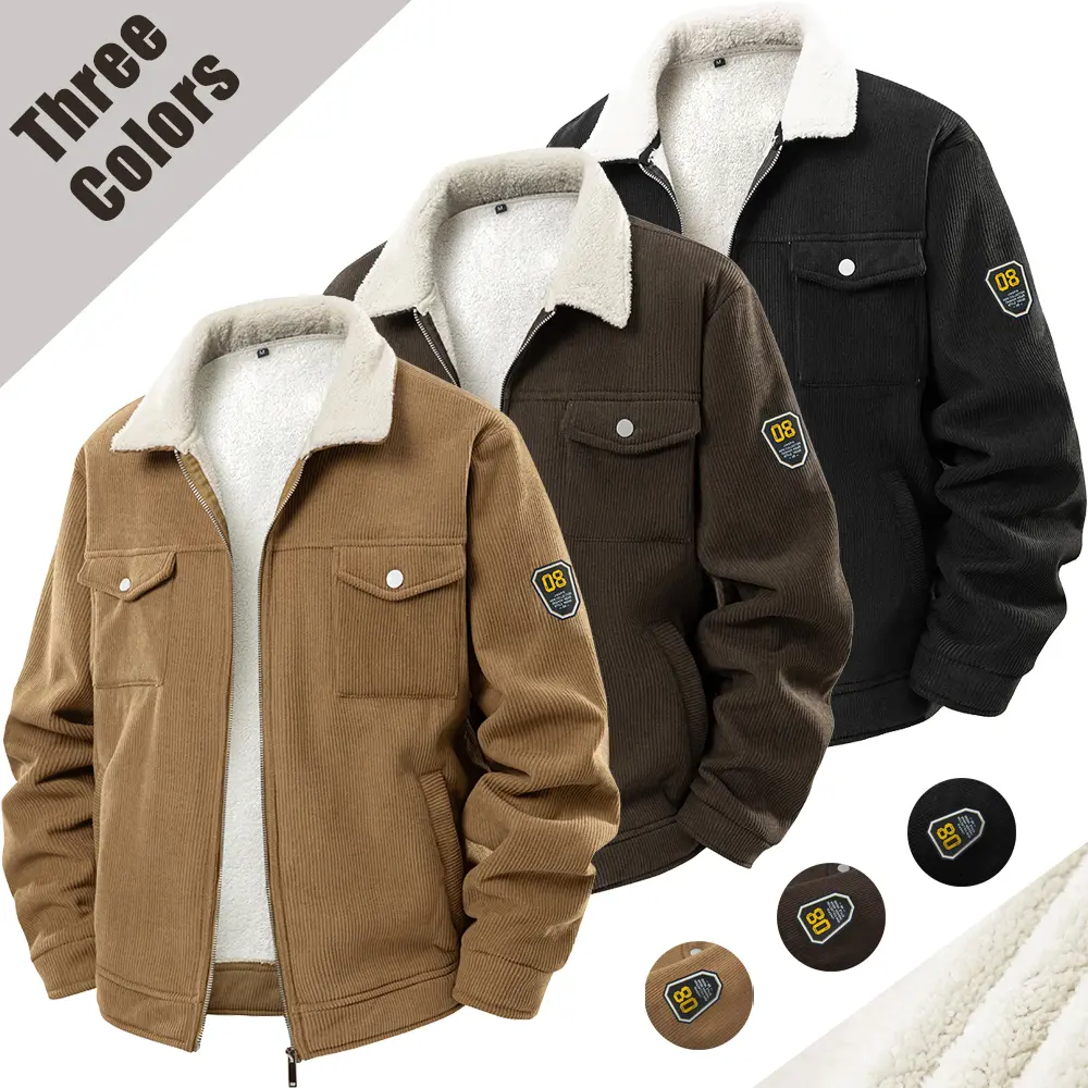 Men’s corduroy jacket with plush fleece lining, vintage turn-down collar workwear outerwear for everyday casual wear, thick, warm fabric suitable for autumn and winter outings.