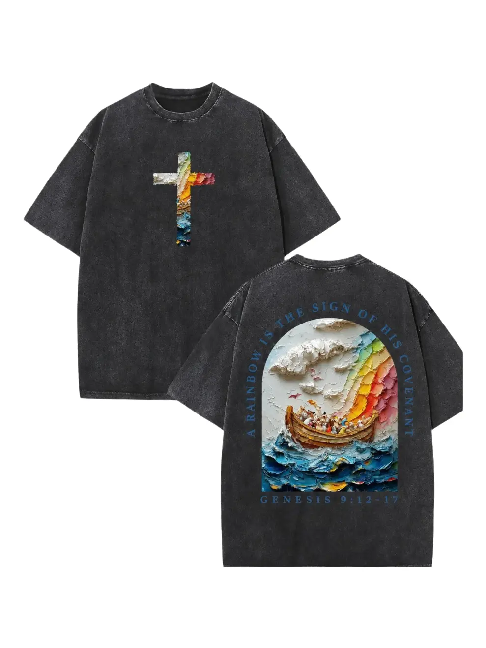Men's Oversized Noah’s Ark Sign Of The Covenant Impasto 3D Texture Cross Chest Creation Promise Double-Sided Washed Black Casual Short-Sleeve Distressed Festive Trendy Streetwear Plus-Size T-Shirt, Menswear Graphic Tee