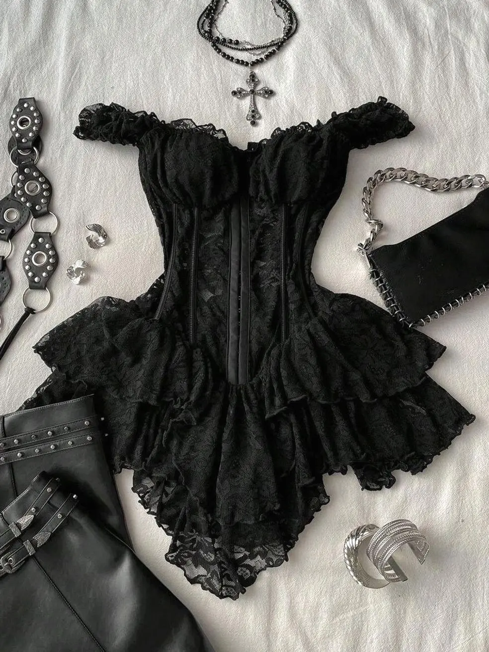 Attitoon Women's Black Summer Goth Corset Lace Bodycon Mini Dress,Vintage Y2K Asymmetrical Hem Elegant Party & Casual,Night Club Music Festival Outfits
