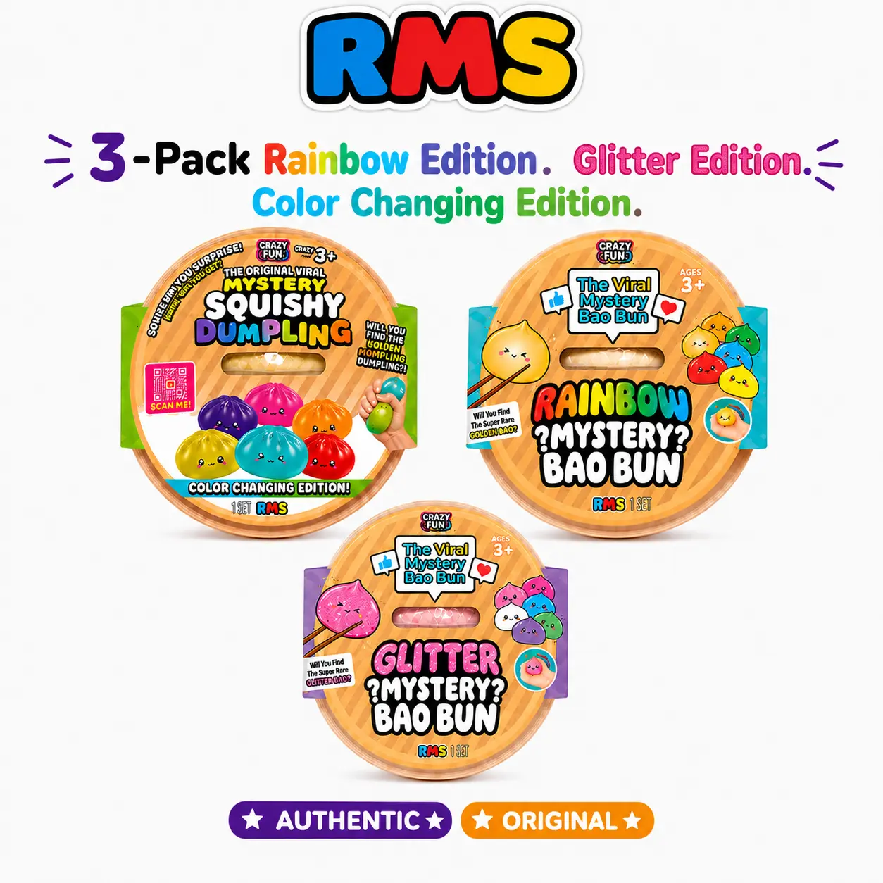 3-Pack Authentic RMS Dumpling Squishy Bundle, Rainbow, Glitter & Color Changing Edition Mystery Bao Buns in Sealed Steamer Baskets, Collectible Sensory Fidget Toys, Mystery Rare styles - Golden dumpling, glitter dumpling, color changing dumpling,, Ages 3+