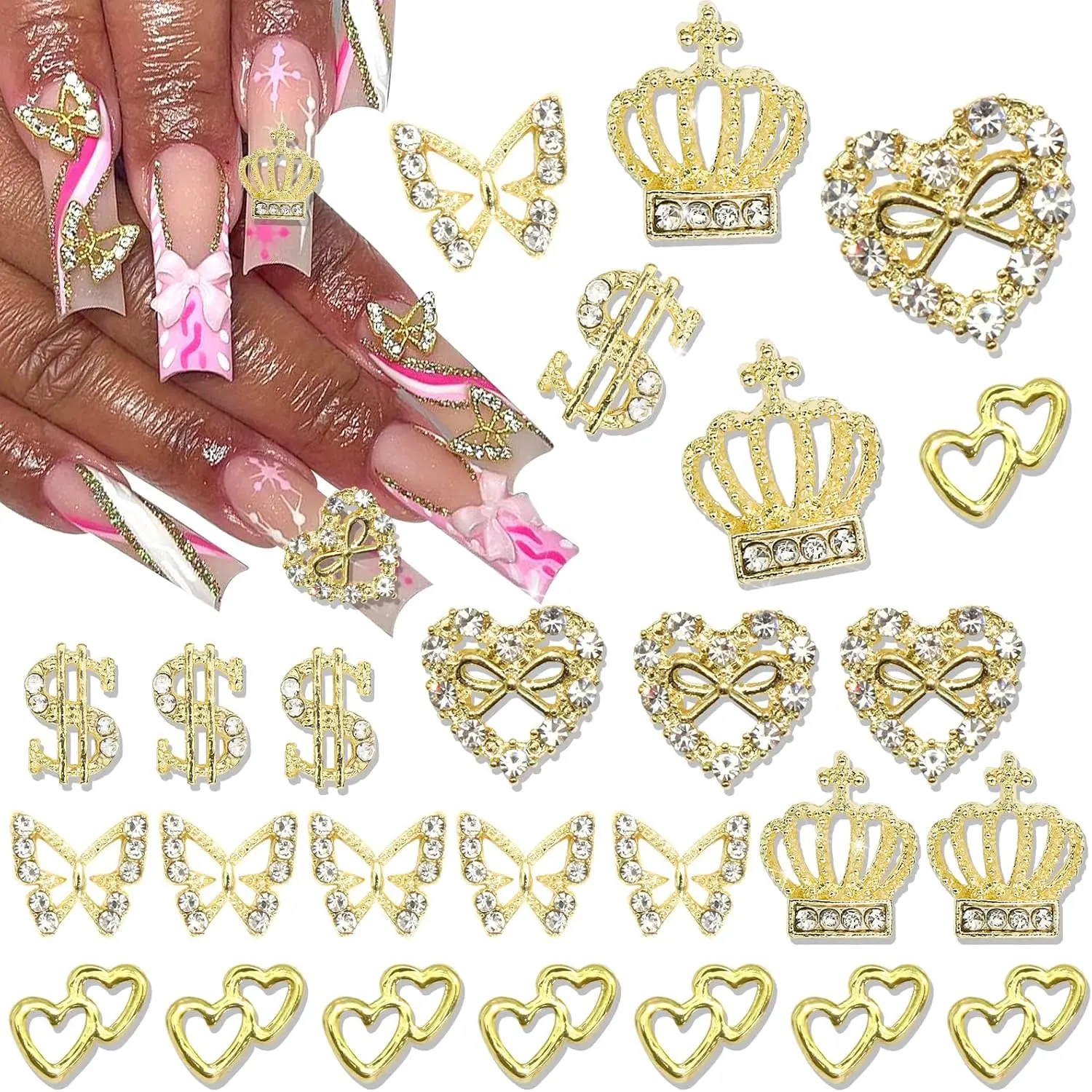 30PCS Gold Nail Charms 3D Crown Nail Charms Crystal Money Sign Nail Charms 5 Styles Heart Nail Charms Shiny Butterfly Charms Nail Rhinestones for Nail Art and DIY Crafts Decoration