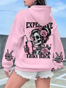 Expensive Talks Back Hoodie, Sassy Skull Pink Sweatshirt, Gothic Girl Graphic Top, Trendy Baddie Fall Outfit, Streetwear Halloween Hoodie, Sassy Skull Pink TShirt