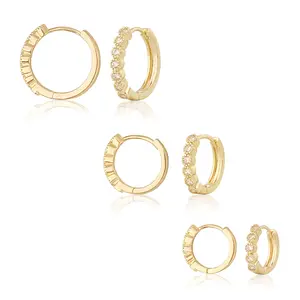 MEIITRUE 14K Gold Plated Hypoallergenic Stainless Steel Hoop Earrings Set - 3 Pairs Cubic Zirconia Huggies for Cartilage & Snug Pierced Ears EarringsLovers