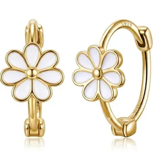 Exquisite Small Daisy Flower Hoop Earrings for Women - Genuine S925 Sterling Silver, 18K Gold Plated, Hypoallergenic White Enamel, Small Hinge Style (0.6cm Flower, 1.2cm Dia),summerwins