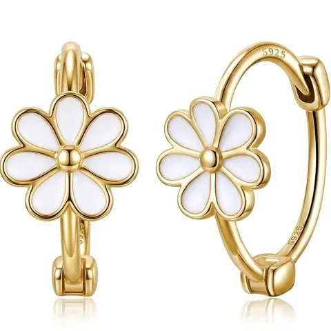 Exquisite Small Daisy Flower Hoop Earrings for Women - Genuine S925 Sterling Silver, 18K Gold Plated, Hypoallergenic White Enamel, Small Hinge Style (0.6cm Flower, 1.2cm Dia)