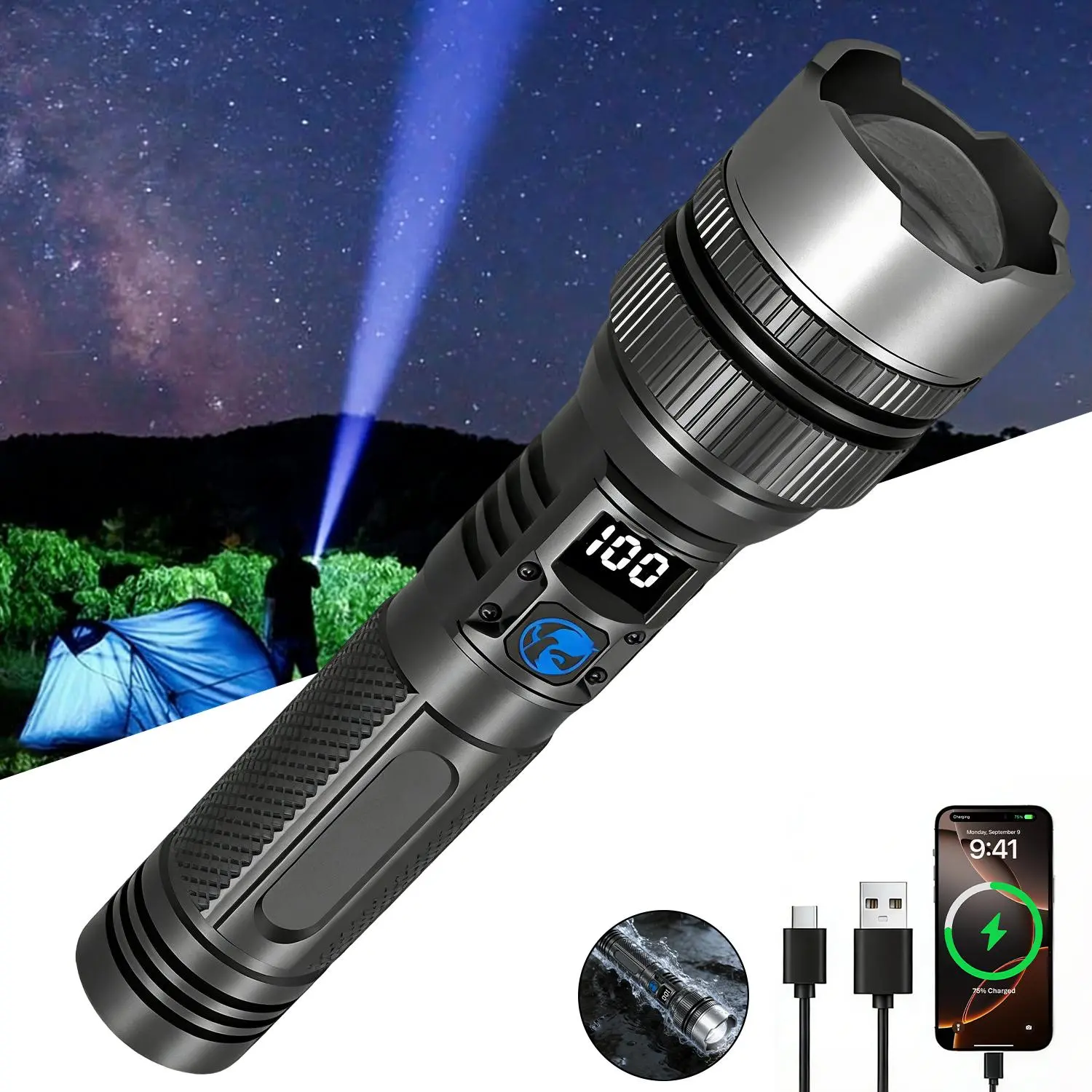 2200 Lumens Rechargeable Pocket Flashlight, Wide-to-Spotlight Zoom, Magnetic Mount & Output Port, 7 Lighting Modes, Ultra-Powerful LED Flashlight for Camping/Hiking/Emergency BackToSchool outdoorfun