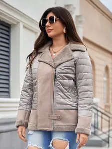 Women's High-Quality Solid Color Hooded Suede Fur Trimmed Plus Size Short Winter Puffer Jacket, Warm & Stylish Design