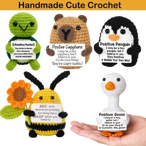 Handmade Crochet Tiny Capybara with Cheer Up Card, Knitted Funny Penguin Animal Doll, Desk Decor & Birthday Gift for Friends, Handmade Crochet Figure