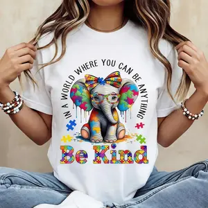Elephant With Puzzle Pieces And Be Kind Print T Shirt Crew Neck