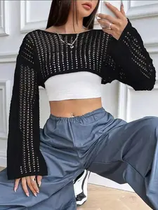 Women's Hollow Out Drop Shoulder Crop Knit Top, Casual Long Sleeve Boat Neck Crop Top for Spring & Fall, Women's Knitwear