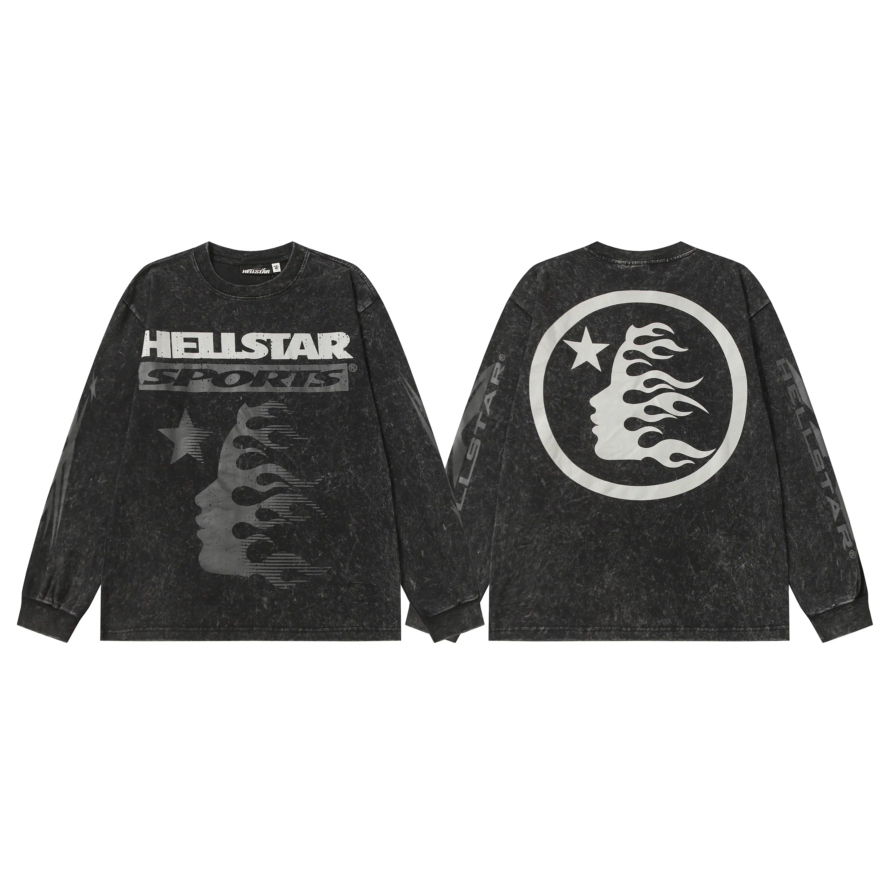 Certified HELLSTAR Professional Y2K Premium Quality Sports Acid Wash Circle Flame Silhouette Long Sleeve T-Shirt Mens Standard Fit