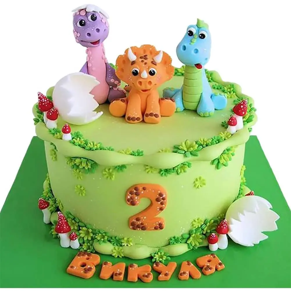 P-PSD022 Unisex Soft Clay 3-Piece Adorable Shape Dinosaur Cake Toppers (1.9–2.3"), Muffin/Fruit Decoration Inserts for Birthday, Forest Animal Theme Party Supplies, Happy Birthday