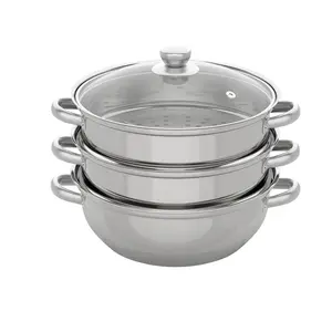 3 Tier Stainless Steel Steamer Pot Set Stackable Cooking System for Vegetables Seafood Meat with Glass Lid Dishwasher Safe Universal Stove Compatibility