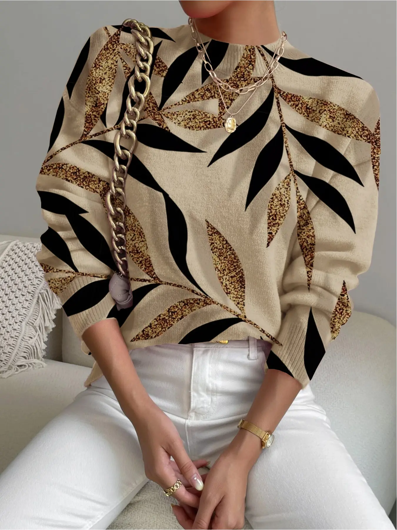 Women's Plant Print Stand Collar Short Sweater, Fall Winter Casual Long Sleeve Knitwear, Comfortable Warm Daily Wear, Elegant Animal Print Top, Womenswear