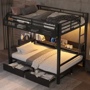 Full over Full Bunk Bed with Storage Shelves and Drawers,Multifunctional Metal Bunk Beds with USB Ports and LED Lights, Lower Bed that can be converted into a sofa, Black