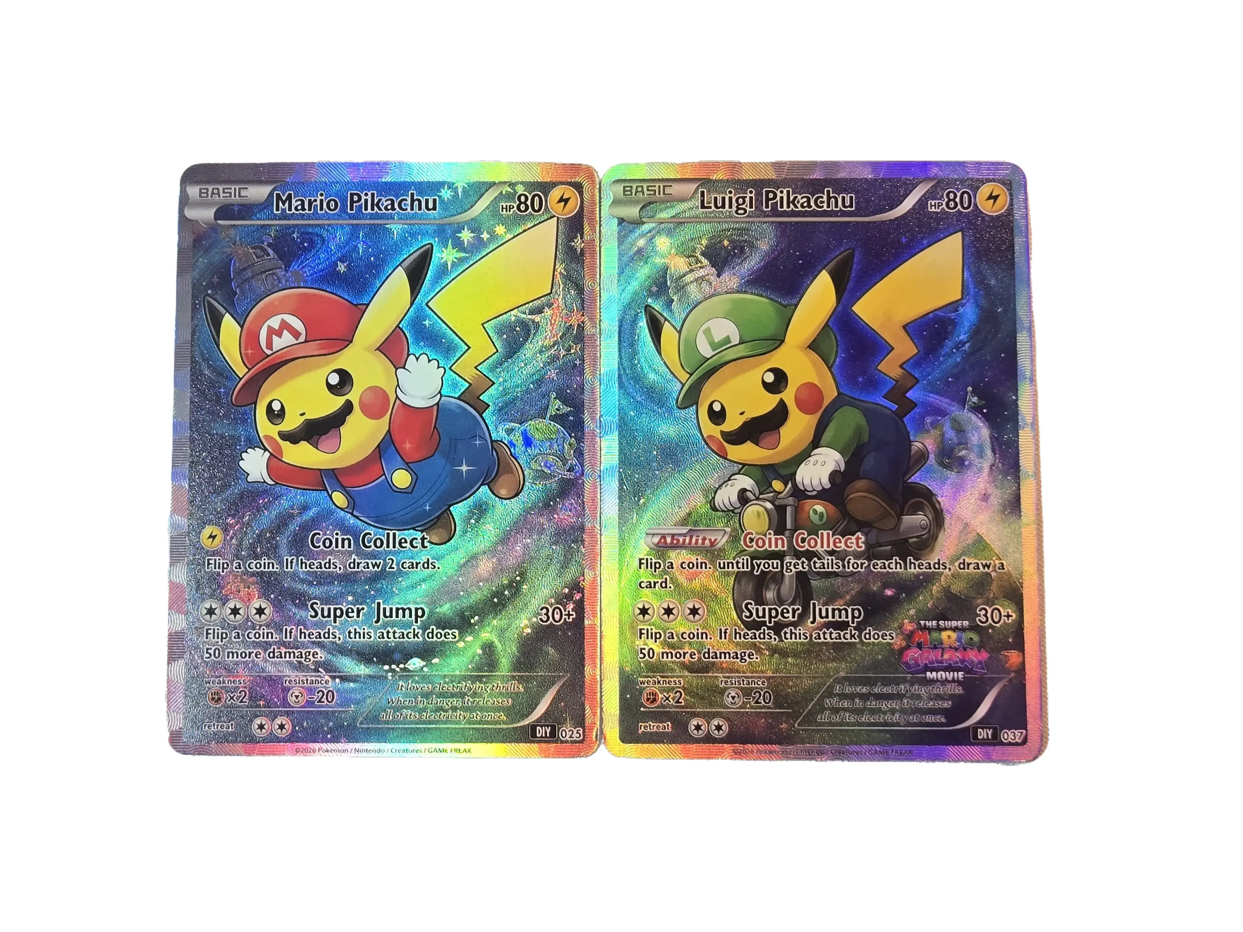 New Custom Mario & Luigi-Themed Pikachu Cosplay Galaxy Sparkle Fan Art Collectible Trading Cards, Hobby Card, Display Piece