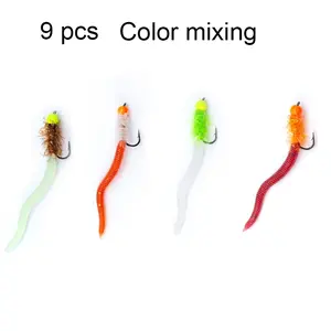 9pcs Luminous Brass Beadhead Artificial Earthworm Fly Fishing Flies - Carbon Steel Construction, Mixed Colors, Worm Patterns for Trout, Steelhead, Yellowfish, Bluegill, Carp Bass - Realistic Bait for Freshwater & Saltwater Fishing