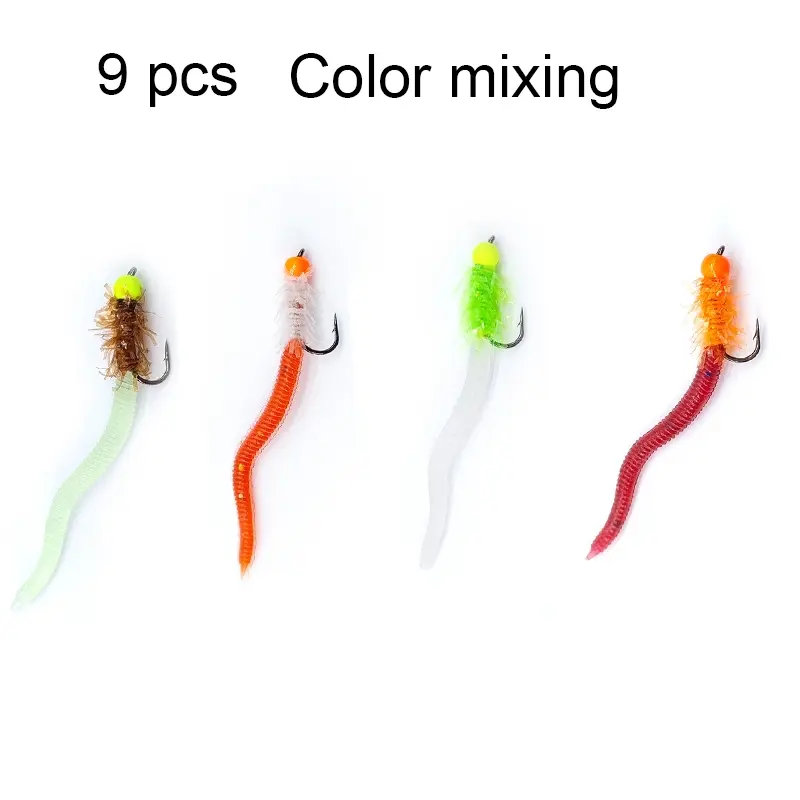 9pcs Luminous Brass Beadhead Artificial Earthworm Fly Fishing Flies - Fishing Lure Kit, Carbon Steel Construction, Mixed Colors, Worm Patterns for Trout, Steelhead, Yellowfish, Bluegill, Carp Bass - Realistic Bait for Freshwater & Saltwater Fishing
