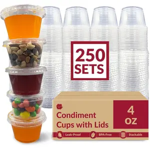 4 oz Small Containers with  (250 Sets) | Jello Shot Cups with  | Clear Plastic Condiment Containers | Portion Cups, Sauce, Souffle | Stackable | Bulk