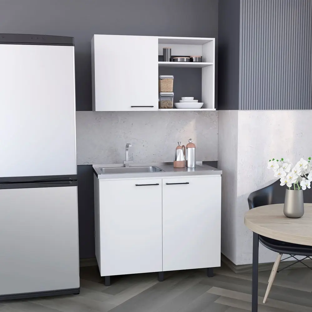 Alexandria 2 Piece Kitchen Set, Wall Cabinet + Utility Sink, White Finish