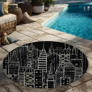 360 stand Round Size Cityscape Rug - 5x5 ft, Weatherproof Indoor/Outdoor Beige Printed Textile Rug with Illustrative Urban Skyline Dark City Design, Patio Rug, Waterproof Outdoor Rug